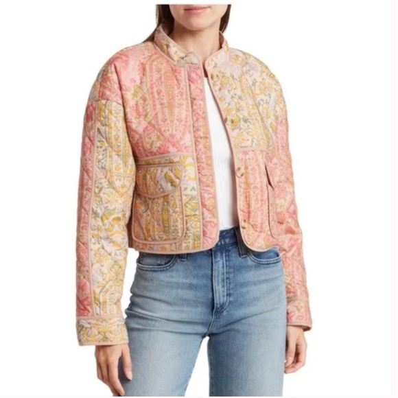 7 For All Mankind Quilted Patchwork Cropped Barn Jacket Floral Pastel Paisley S - Picture 1 of 15